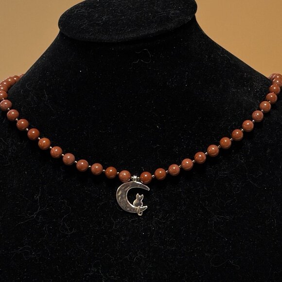 Genuine Red Jasper Short Necklace, Gemstone & Silver Cat on the Moon Charm - Picture 3 of 13